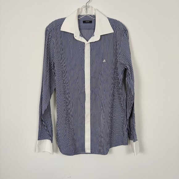 Sarar Men's Striped Dress Shirt in Blue White Size XL Cotton Business Casual - Picture 1 of 12